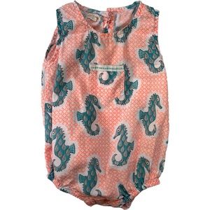 Almirah orange and turquoise seahorse romper. Size 6-12 months.